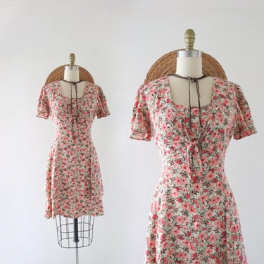 botanical flutter dress - m - vintage 90s y2k womens size medium red green cute cottage cottagecore spring summer knee dress 
