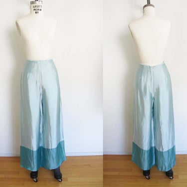 Vintage 90s Silk Blend Wide Leg Trousers S M 26  - High Waist Icy Light Blue Casual Satin Pajama Style Pants 