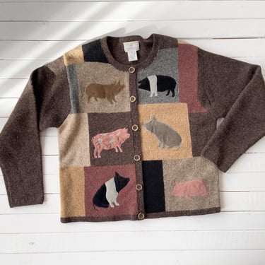 cute cottagecore sweater | 90s vintage Susan Bristol brown wool velvet pig farm animal country embroidered cardigan 