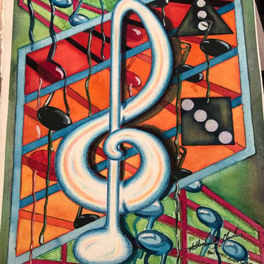 Original Music-Inspired Signed Pop Art Watercolor Painting 11 x 14.5 