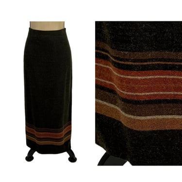 90s Dark Brown Blanket Striped Maxi Skirt Medium, Southwestern Wool Blend Long Pencil Skirt, Fall Clothes for Women, Vintage from RELATIVITY 