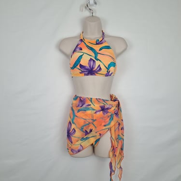 Vintage 90s Orange Neon Tropical Halter Bikini 