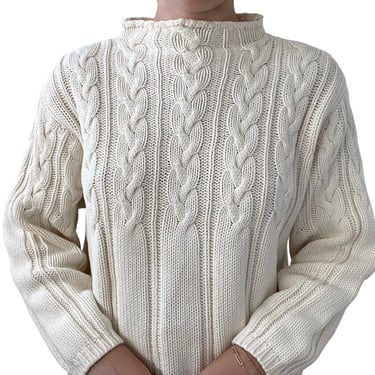 Vintage 1990s Womens Eddie Bauer White Cotton Mock Neck Cropped Sweater Sz M 