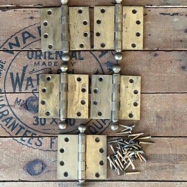 Salvaged Antique Brass Ball Tip Door Hinges 4”x4.5” 