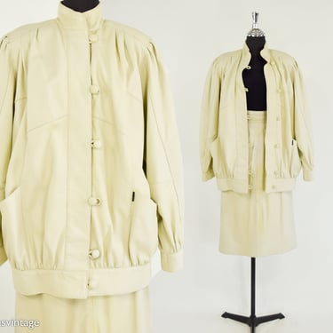 1980s Leather Jacket & Skirt Set | 80s Beige Leather Coat Skirt Set | ZERIMAR Spain | Medium 