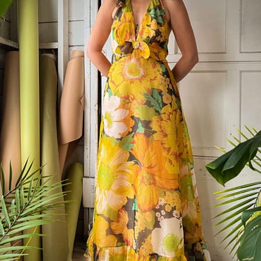 70s Golden Floral Halter Maxi Dress