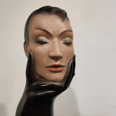 Vintage french  advertising statue, 1960s - mannequin head - art deco - milinery stand - shop display - plaster head 