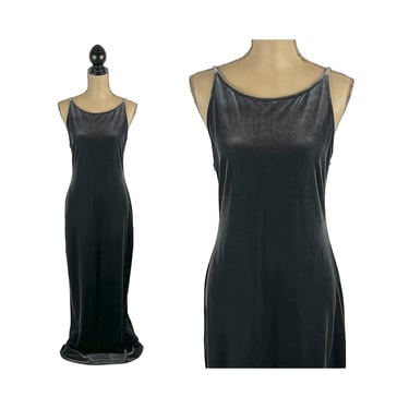 M 90s Dark Gray Velvet Maxi Dress Medium, Fitted Long Spaghetti Strap Cocktail Dress, Open Back Elegant, 1990s Clothes Women Vintage PATRA 
