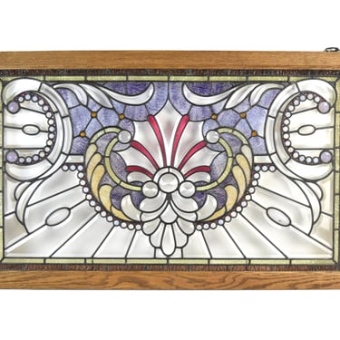 Gorgeous Art Nouveau Style Leaded Stained Glass Window w Opalescent Jewels 