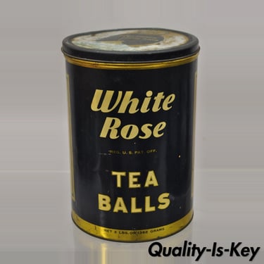 Vintage White Rose Tea Balls 3 lbs Tin Metal Container Can Advertisement