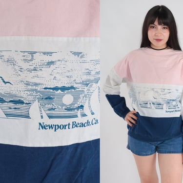 Newport Beach Sweatshirt 80s Sailboat Sweatshirt Pink White Blue Striped Sweater Nautical Graphic Raglan Sleeve Vintage 1980s Cotton Medium 