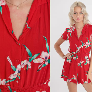 Tropical Floral Romper 80s Red Mini Playsuit Tropical Flower High Elastic Waist Button Up Puff Sleeve Summer Vintage 1980s Extra Small xs 