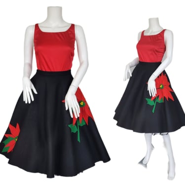 1950's Black Felted Wool Poinsettia Flower Xmas Circle Skirt I Sz Med I W: 28