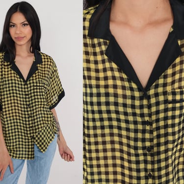 Yellow Checkered Blouse Y2K Button Up Shirt Black Gingham Print Short Sleeve Top Collared Retro Summer Casual V Neck Vintage 00s Medium 10 