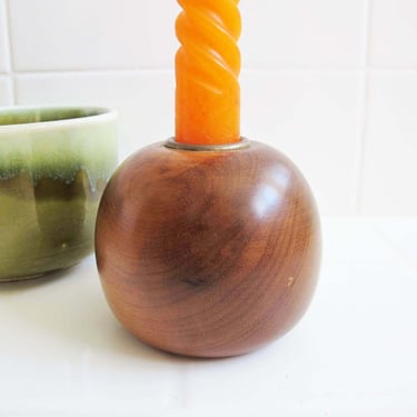 Mid Century Teak Wood Orb Taper Candle Holder - 1960s Round Wooden Tall Candlestick - Housewarming Gift 