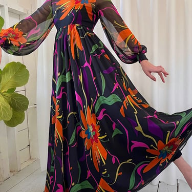 70s Floral Silk Maxi Dress