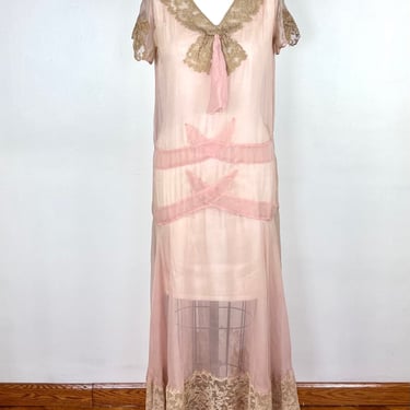 Vintage 20s Pink Silk Dress Lace / 1920s Drop Waist 30s 1930s Slip Dress Nightgown Lingerie Negligee Pin Up Pinup VLV Small XS Peignoir 