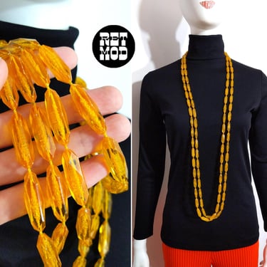 Pretty Vintage 60s 70s Golden Yellow Beaded Long Necklace 