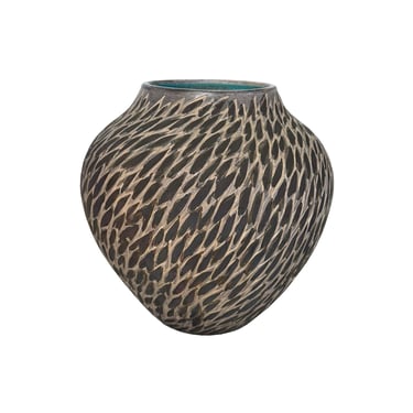Bulbous Studio Ceramic Vase with Etched Decoration