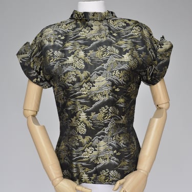 1940s black gold asian brocade blouse with buttons S/M 