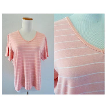 Vintage Pastel Top - Striped V-neck Tee - Peach Pink Short Sleeve Blouse - Super Soft - Size Large 