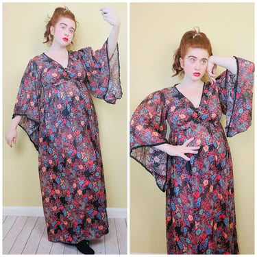 1970s Vintage Dark Floral Angel Sleeve Maxi Dress / 70s Red and Blue Flower Sheer Empire Waist Gown / Size Large 