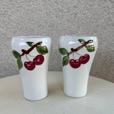 Vintage ceramic pottery set 2 mugs cups cherry theme by Orchard Ware hand painted 