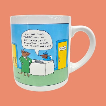 Vintage Novelty Coffee Mug Retro 1990s Recycled Paper Greetings + John Callahan + Funny Cartoon + Dog Sniffing Butt for Security + Porcelain 