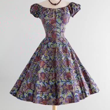 Iconic 1950's Batik Print Cotton Summer Dress By Designer Tina Leser / M