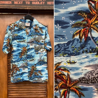 Vintage 1960’s Loop Collar Tropical Tiki Palm Tree Rayon Hawaiian Shirt, 60’s Luau, Vintage Clothing 