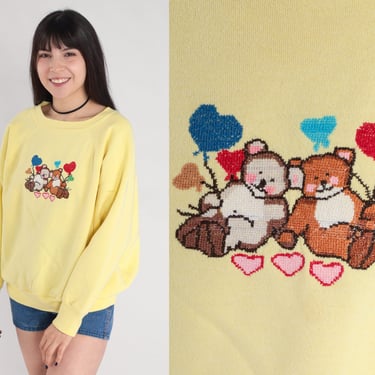 Teddy Bear Sweatshirt 80s Yellow Sweatshirt Cross Stitch Balloon Graphic Shirt Raglan Sleeve Grandma Sweater Vintage 1980s Extra Large xl 