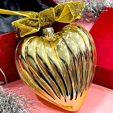 VINTAGE: Gold Glass Christmas Heart Ornament In Box - Mercury Ornament - Love - Holiday - Xmas 