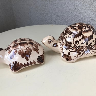 SALE Vintage ceramic brown cream set 2 turtles by Anaware pottery of Philadelphia PA USA hand painted 