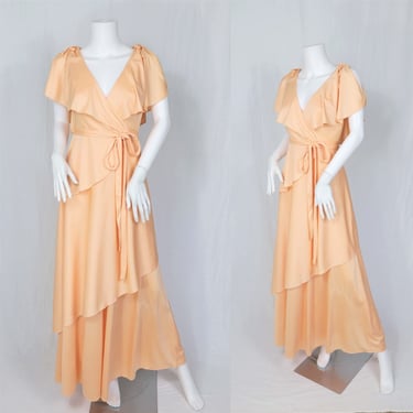 Peach 1970's Long Tiered Poly Disco Maxi Dress I Sz Med I Flutter Sleeves 