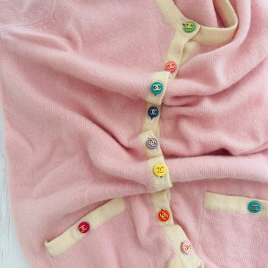 Chanel Pink Short Sleeve Logo Button Cardigan