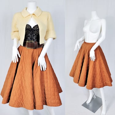 1950's Alex Coleman Tobacco Brown I Rust I Quilted Corduroy Circle Skirt I Sz Med I W: 28" 