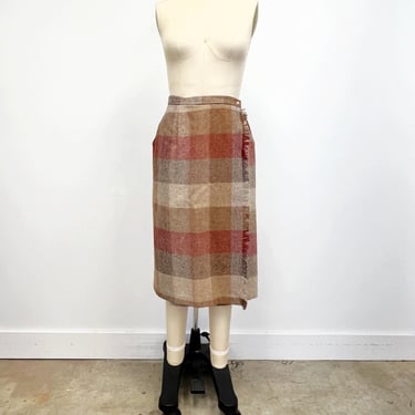 Vintage Plaid Wool Skirt | 70s - 80s Earth Tone Midi Skirt |  F.A. Chatta Ltd. | Size Medium 