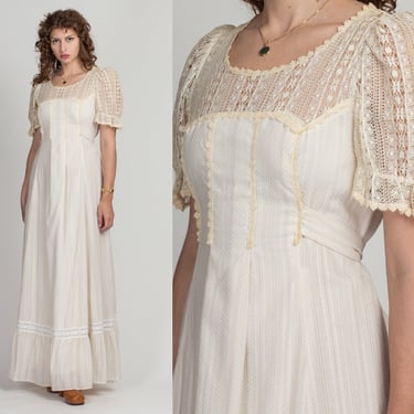 60s Swiss Dot Boho Prairie Maxi Dress - Medium | Vintage Ivory Short Puff Sleeve Crochet Lace Gown 