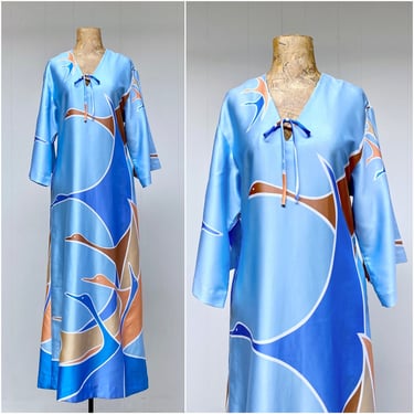 Vintage 1970s Stylized Bird Print Caftan, Blue Polyester Maxi Hostess Gown, Mrs. Roper Kaftan, Small 