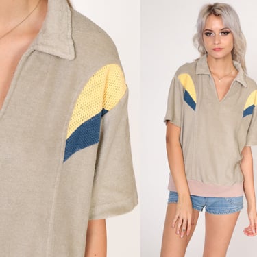 Terry Cloth Shirt 80s Taupe Polo Shirt Blue Yellow Mesh Buttonless Collared V-Neck T-Shirt Short Sleeve Retro Banded Hem Vintage 1980s Large 
