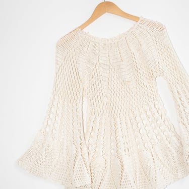 Vintage Crochet Mini Dress with Bell Sleeves in Natural