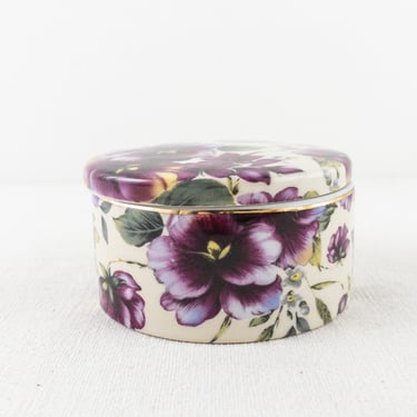 Vintage Porcelain Round Lidded Box, Purple Floral Ceramic Dish with Lid 