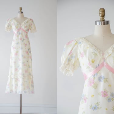 cute cottagecore dress | 60s 70s vintage cream white pastel pink blue floral chiffon lace puff sleeve maxi dress gown 