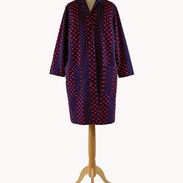 Finnish Vintage Navy Blue & Red Polka Dot 1960s Duster Coat Size S 