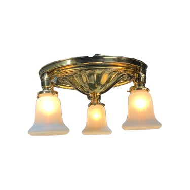 Polished brass pan 3 light with vintage shades #2421 