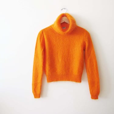 Vintage Y2K Orange Mohair Knit Turtleneck XS S Petite - 2000s Benetton Fuzzy Soft Neon Pullover Top Made in Italy 