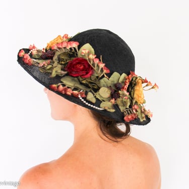 1980s Black Flowered Hat | 80s Black Straw Wide Flower Hat | dasha Dallas Texas 