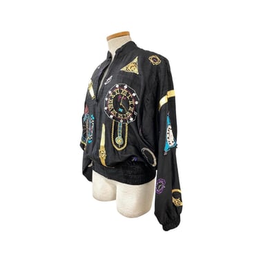 Vtg 80s Caché JA Resort Timepiece Watch Appliqué Beaded Wind Breaker Bomber 