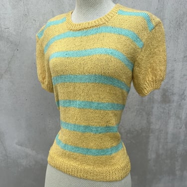 Vintage 1930s Yellow & Blue Rayon Knit Sweater Puff Sleeves  Dress Blouse Top