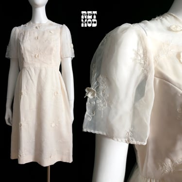 Ethereal Vintage 60s White 3D Floral Embroidered Sheer Spring Dress 